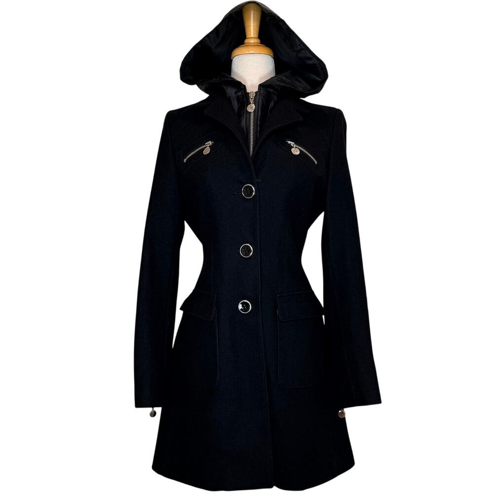 Betsey Johnson Black Wool Hooded Utility Coat Removable Hood Lining Size 6